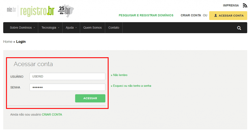 Página de Login – Registro.br